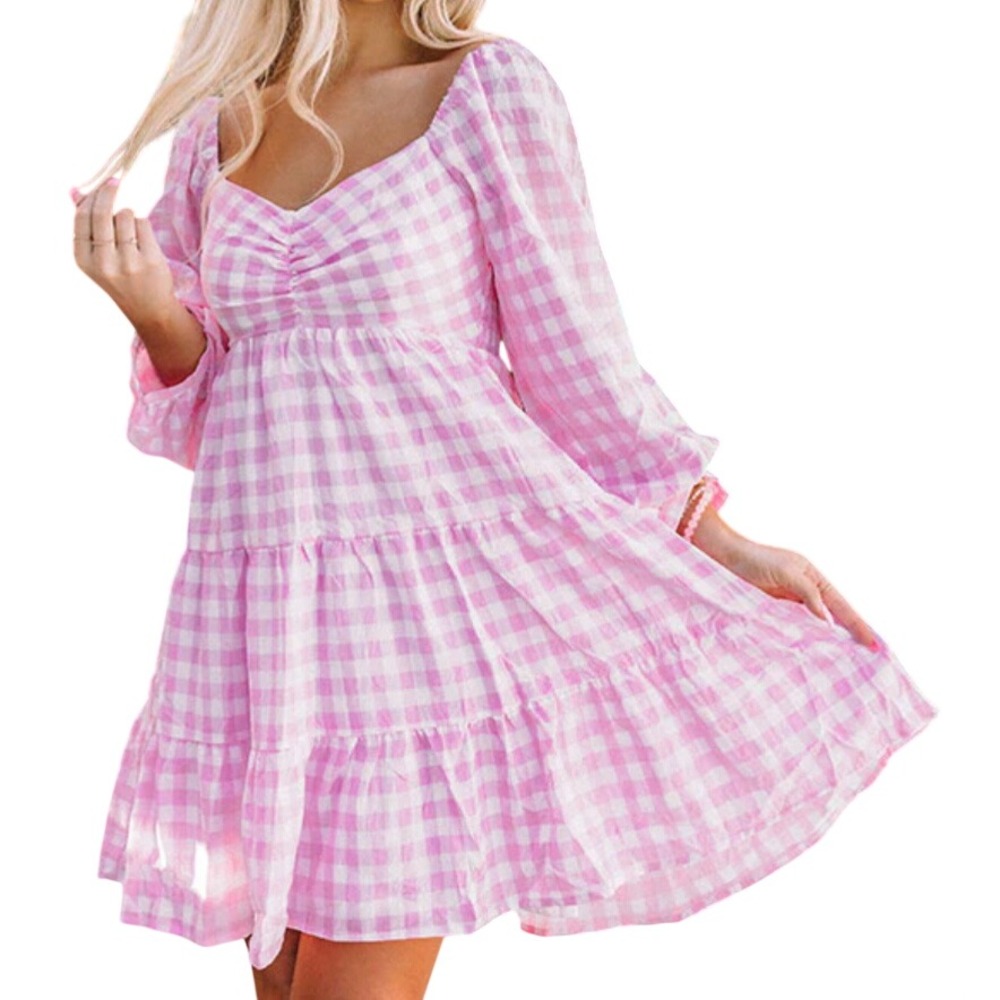 ENTRO Babydoll Dress PINK GINGHAM CHECK Smocked Back TIERED PUFF SLV Low Back S